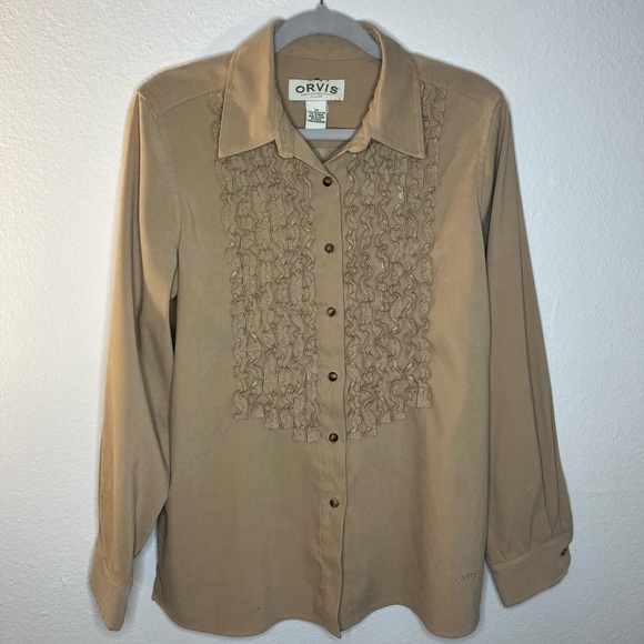 Orvis Ruffle Front Button Down Blouse Tan | Size 12 - Picture 1 of 5